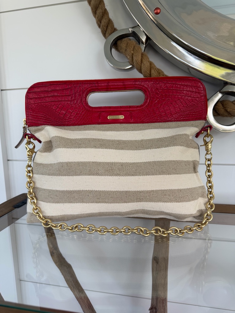 Brahmin Ravina Clutch | Rare Linen Stripe + Croc Embossed Trim | Nwot